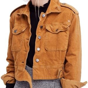 Free People sz S Evelyn Corduroy Jacket Mustard Cropped Moto Wire Trim
